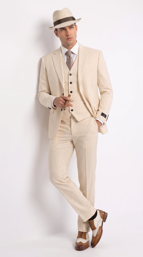Men’s Ivory Cream Pinstripe 3-Piece Suit – 1920s Gangster Gatsby Wedding and Formal Suit