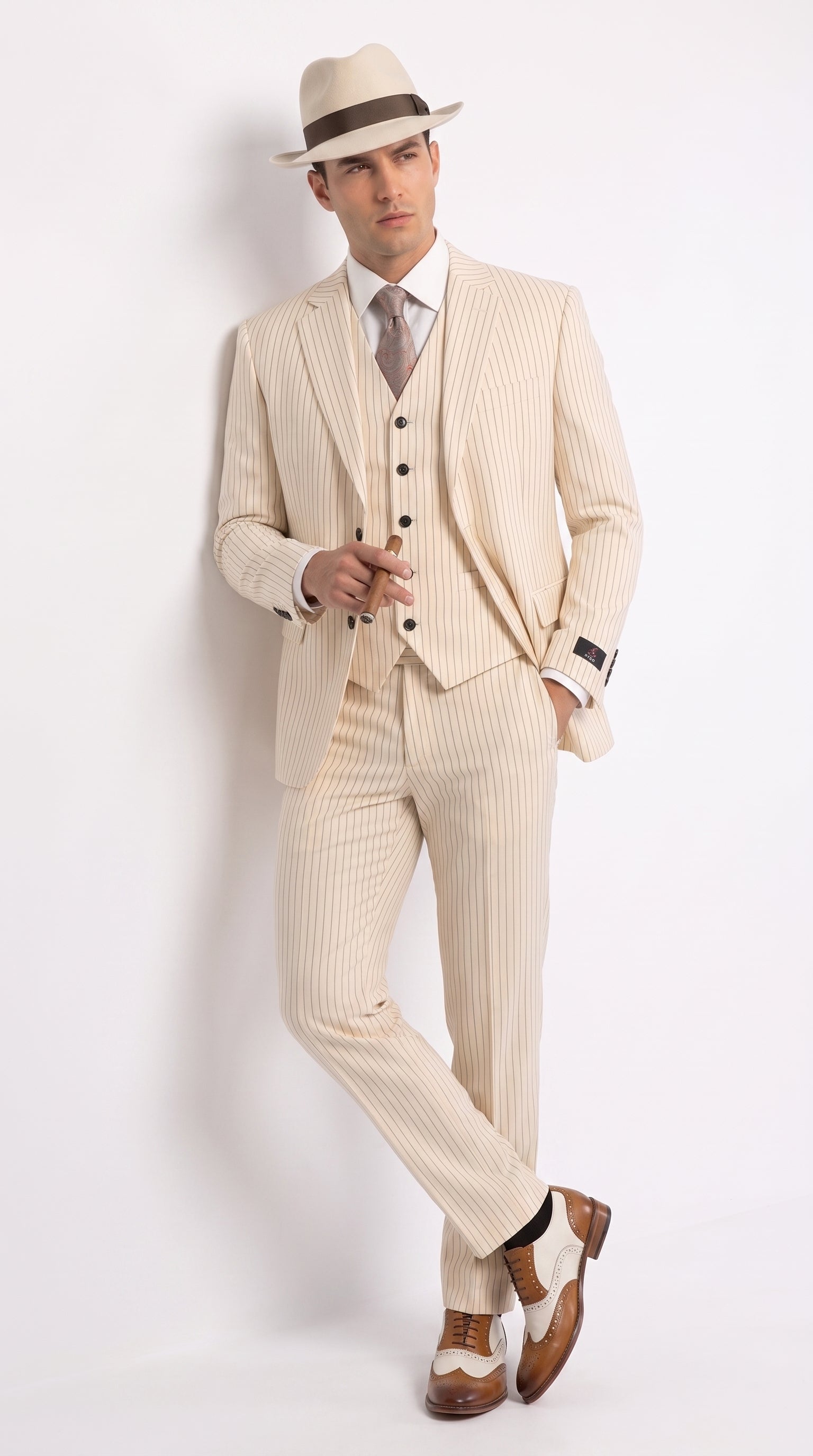 Men’s Ivory Cream Pinstripe 3-Piece Suit – 1920s Gangster Gatsby Wedding and Formal Suit