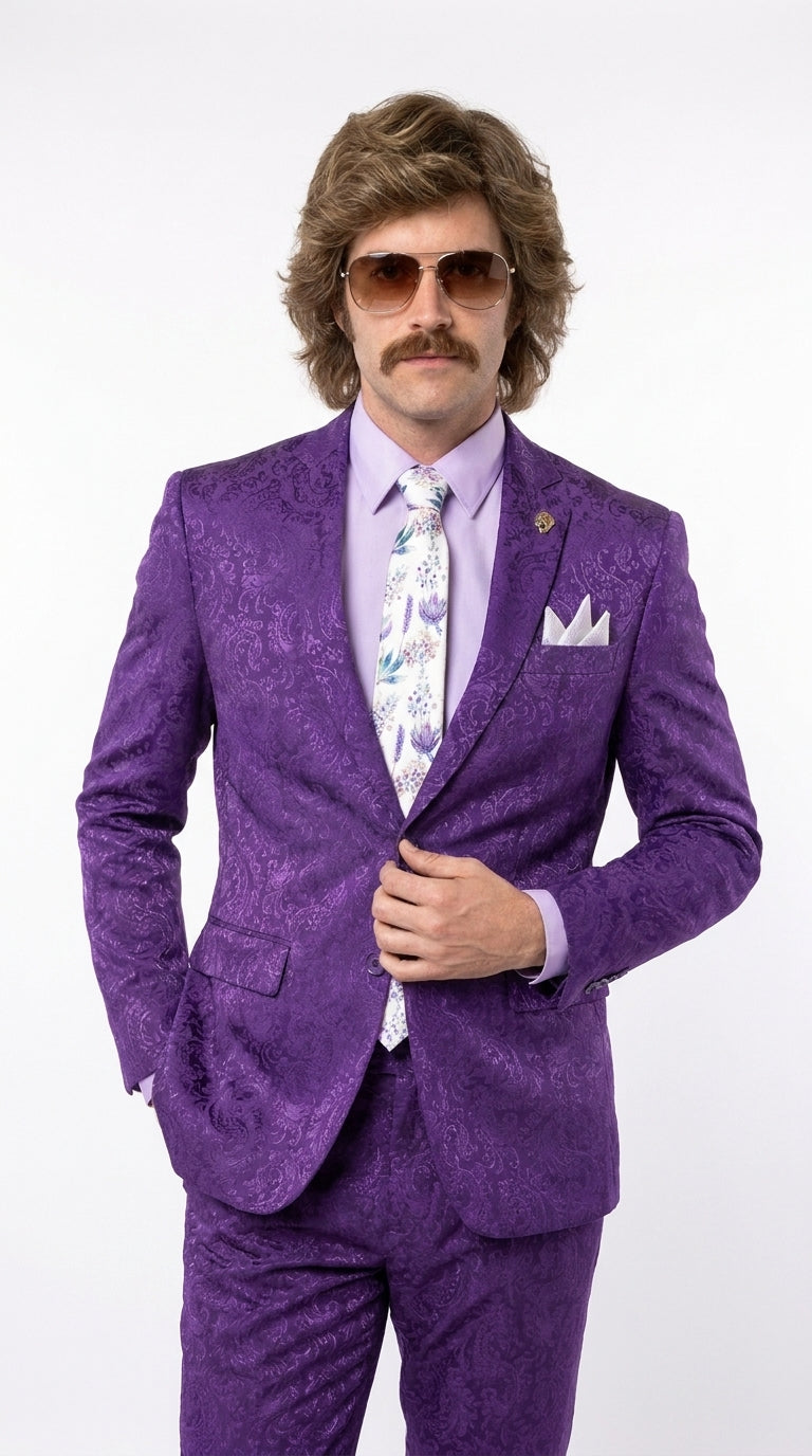 Men’s Purple Paisley 2-Piece Suit – 1970s Disco, Retro Rockabilly, Prom and Party Suit - 34 Short or Extra Small