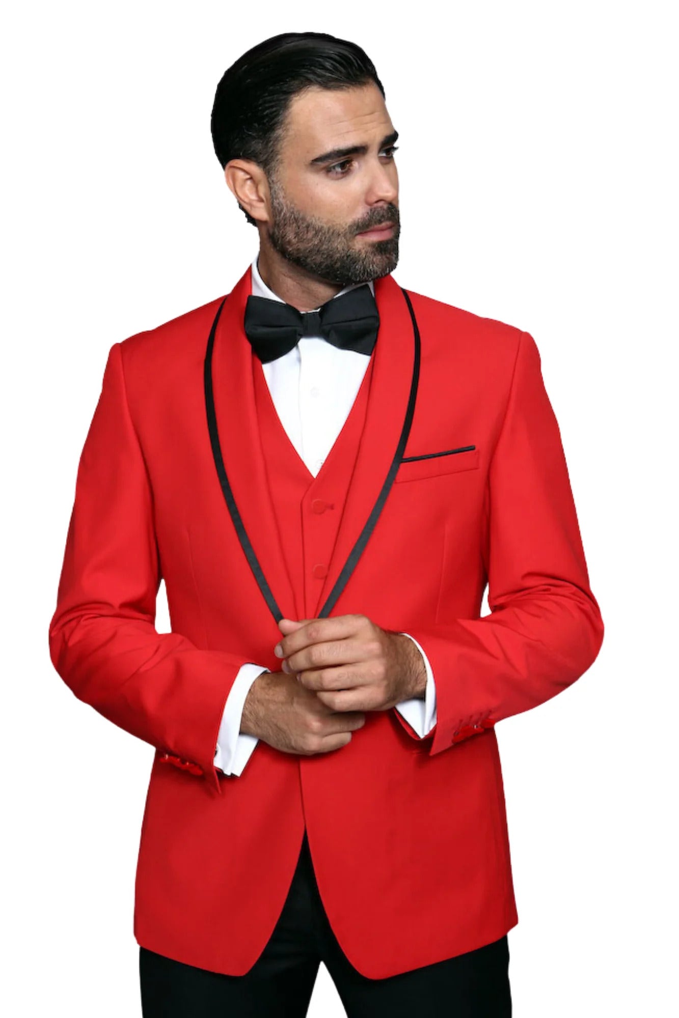 3-Piece Tailored Fit Wool Suit with Bow Tie and Flat Front Pants - Red - 34 Short or Extra Small