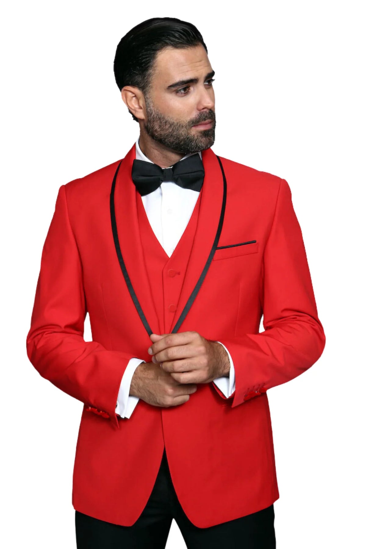 3-Piece Tailored Fit Wool Suit with Bow Tie and Flat Front Pants - Red