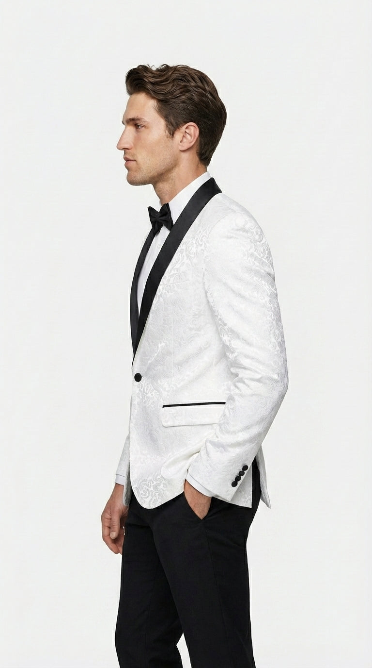 Men’s White Dinner Jacket Disco Blazer 1980s Sequin Style Jacket – Black Lapel Party Blazer, Formal Masquerade Club Wear Paisley Fabric + Bowtie - 34 Short