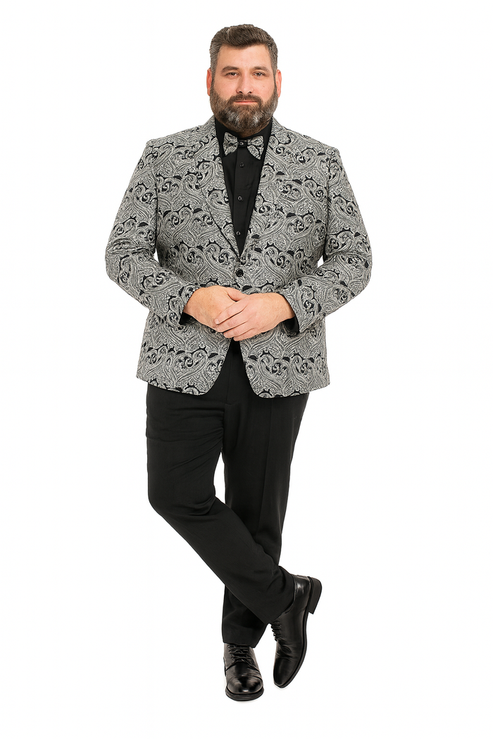 Mens Black and Silver Paisley Tuxedo Jacket â€“ Slim Fit Dinner Blazer with Matching Bow Tie with Black Pants