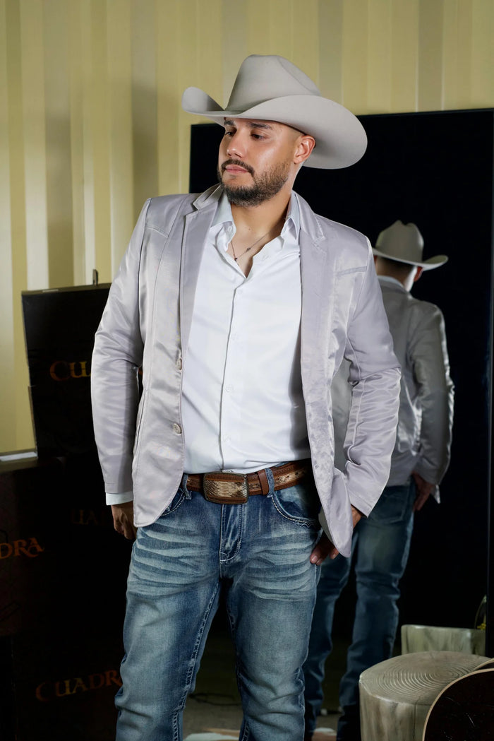 Men's Western Silver Blazer Slim Fit Shiny Finish Sport Coat for Weddings, Prom & Formal Events