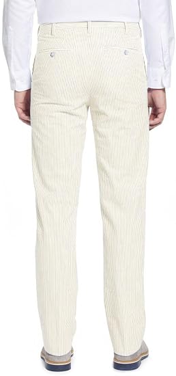 Mens Seersucker Pants - Summer Casual Pinstripe Modern Fit in Color Beige - dress size pants : 28 Unfinished bottom