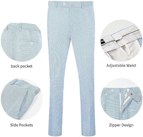 Mens Seersucker Pants - Summer Casual Pinstripe Modern Fit in Color Blue