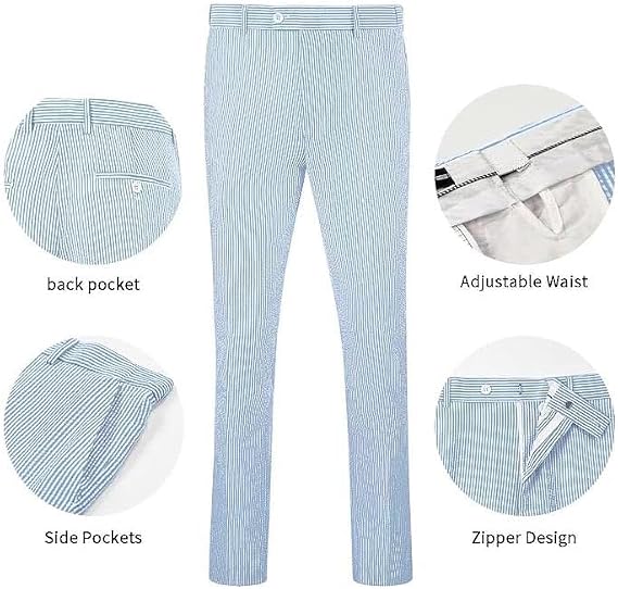 Mens Seersucker Pants - Summer Casual Pinstripe Modern Fit in Color Blue - dress size pants : 28 Unfinished bottom