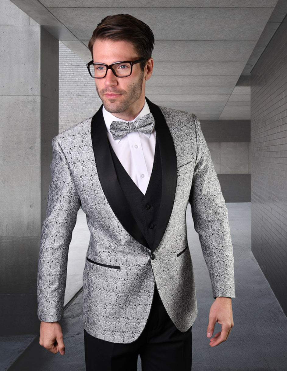 Mens Vested Lace Pattern Tuxedo in Silver - 34 Short
