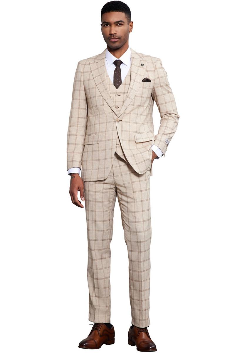 Men's Stacy Adams One Button Peak Lapel Vested Windowpane Plaid Suit in Tan - 38 Regular