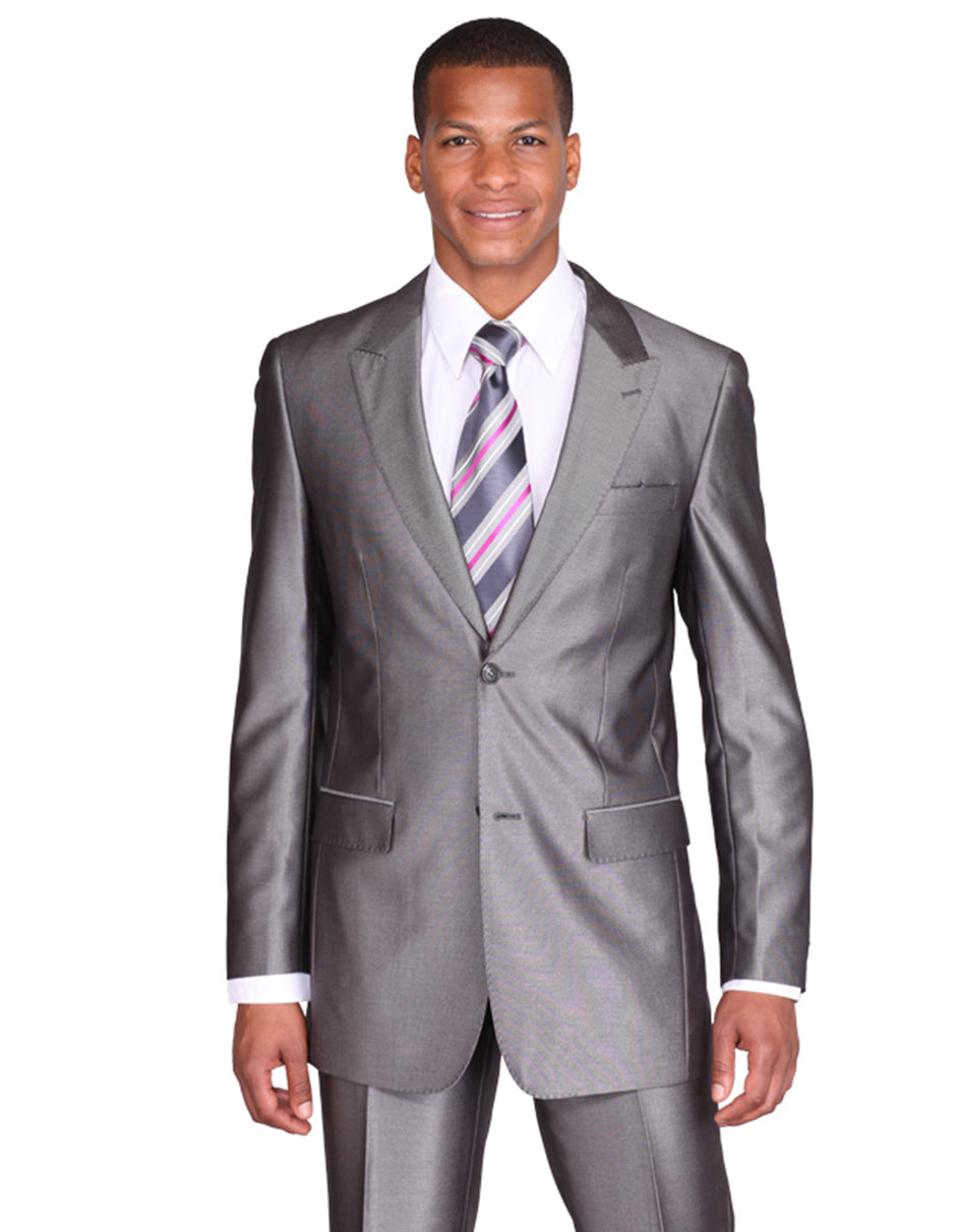 Mens 2 Button Peak Lapel Shiny Sharkskin Suit in Grey - Grey