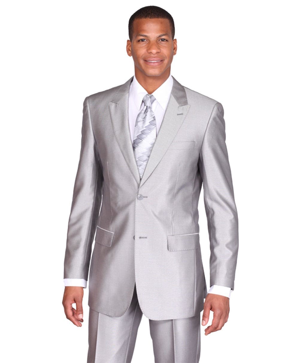 Mens Grey Suit Mens 2 Button Peak Lapel Shiny Sharkskin Suit in Silver Grey - 38 Short Jacket+32 Waist Adjust   28to34)(Height: 5 4 to5 7 )(Neck    15-16.5)S-M)