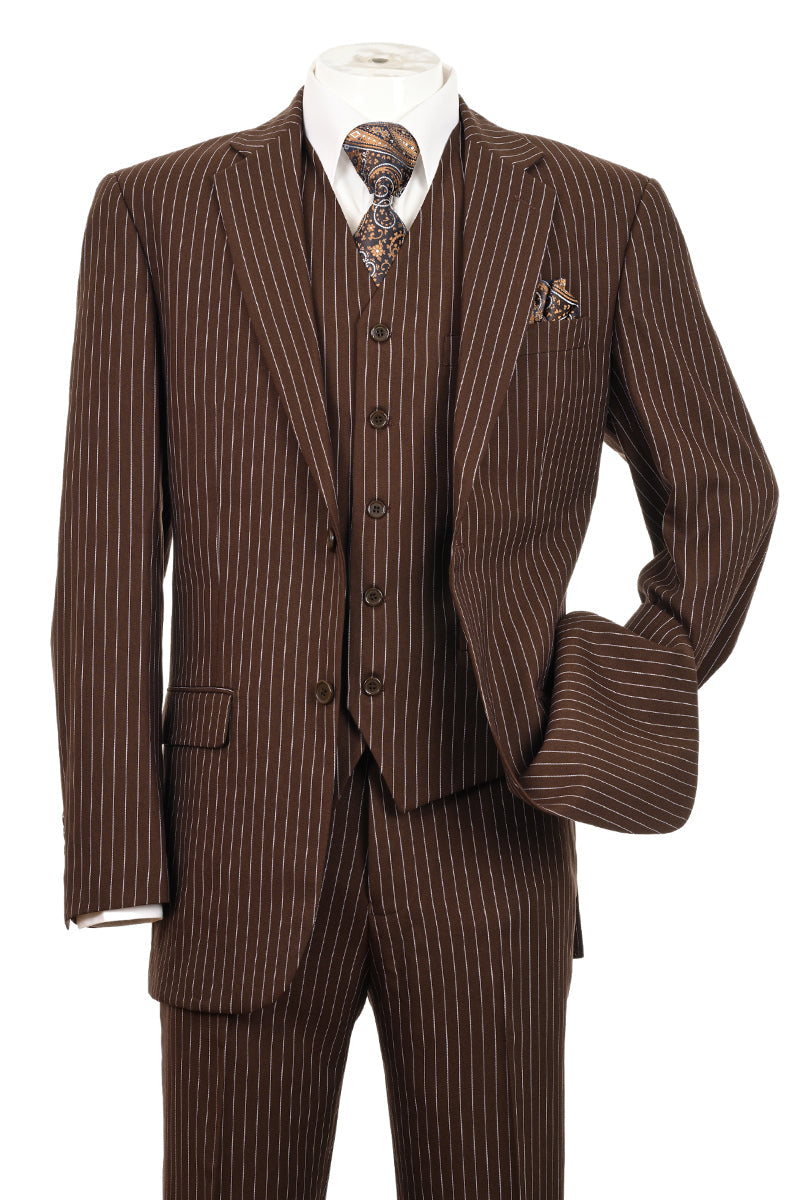 Bold Pinstripe Gangster Suit - Men's 2-Button Vested in Brown