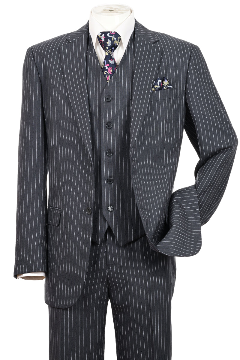 "Charcoal Grey Pinstripe Gangster Suit - Men's 2 Button Vested"