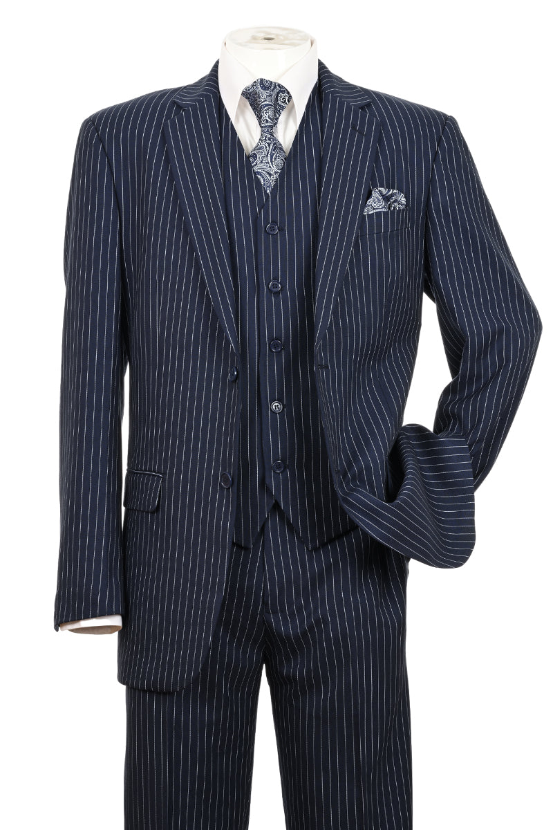 "Bold Pinstripe Gangster Suit For Men - 2 Button Vested In Navy"