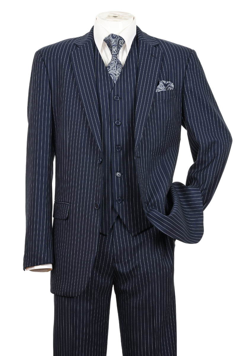 "Bold Pinstripe Gangster Suit for Men - 2 Button Vested in Navy"