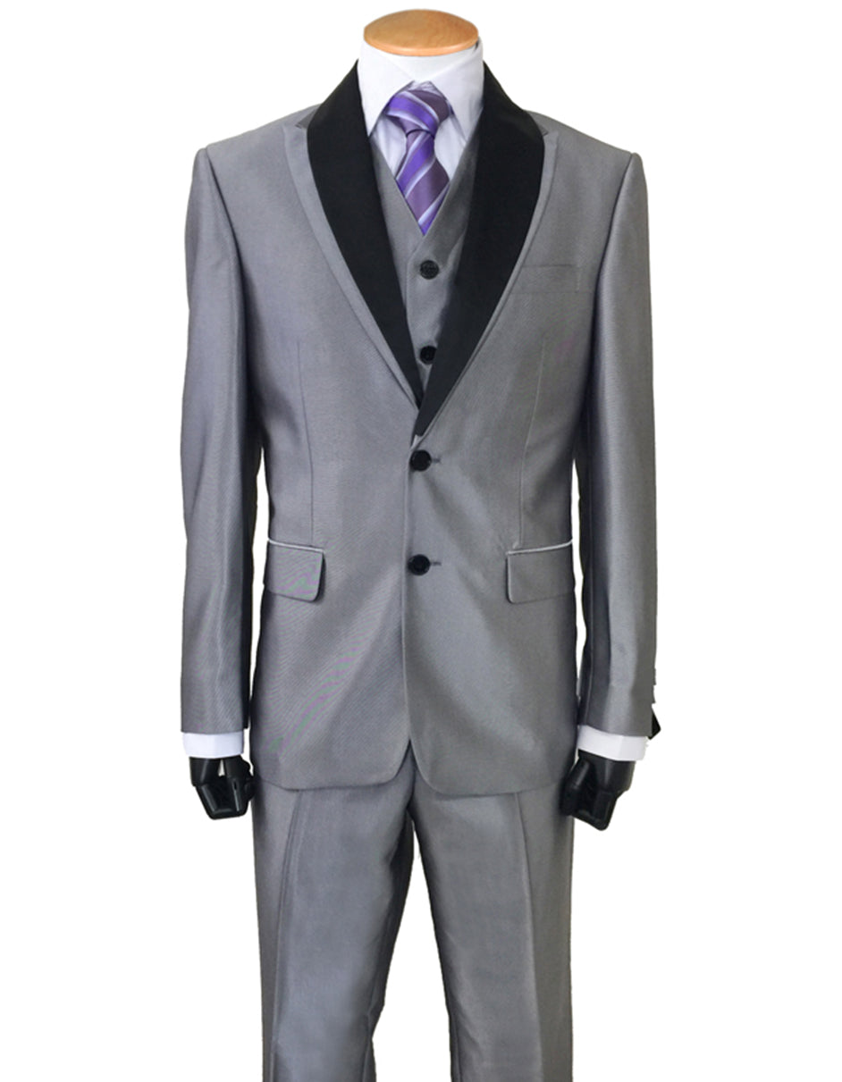 Mens 2 Button Sharkskin Tuxedo with Satin Shawl in Silver - Grey