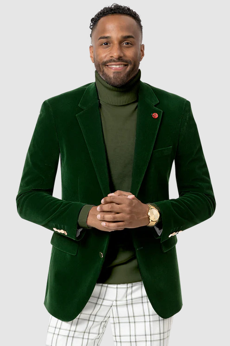 Mens Two Button Modern Fit Velvet Blazer in Hunter Green - Green