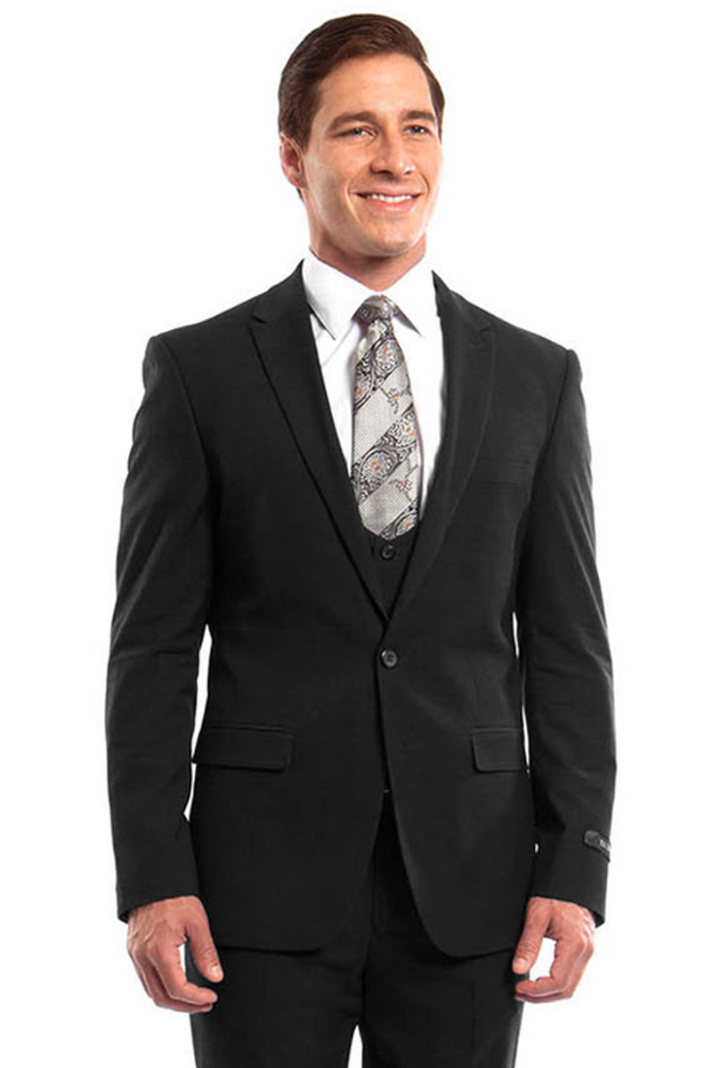"Black Men's Wedding & Prom Suit - One Button Peak Lapel Skinny with Lowcut Vest"