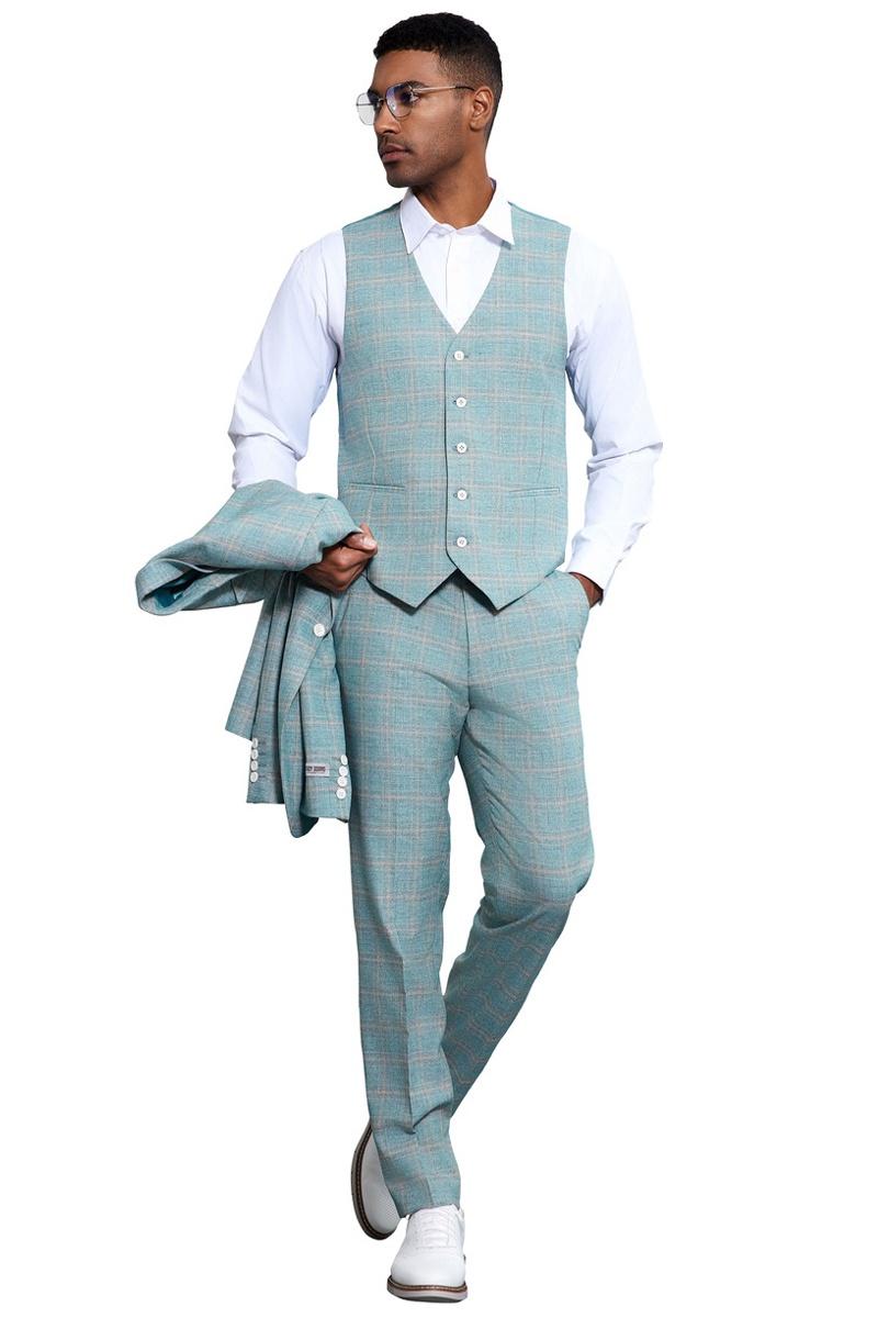 Men's Stacy Adams Vested Peak Lapel Light Turquoise Green Plaid Prom & Wedding Suit - 38 Regular