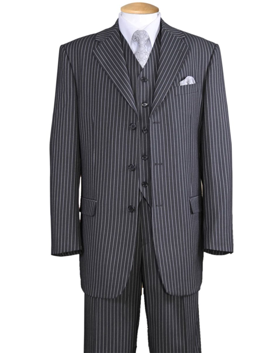 Mens Grey Suit Mens 3 Button Notch Lapel Bold Pinstripe Gangster Suit in Grey - 38 Short Jacket+32 Waist Adjust   28to34)(Height: 5 4 to5 7 )(Neck    15-16.5)S-M)