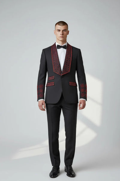 Men’s Bella Embellished Black & Royal Blue Tuxedo – 3 Piece Formal Suit with Shawl Lapel, Vest & Matching Pants
