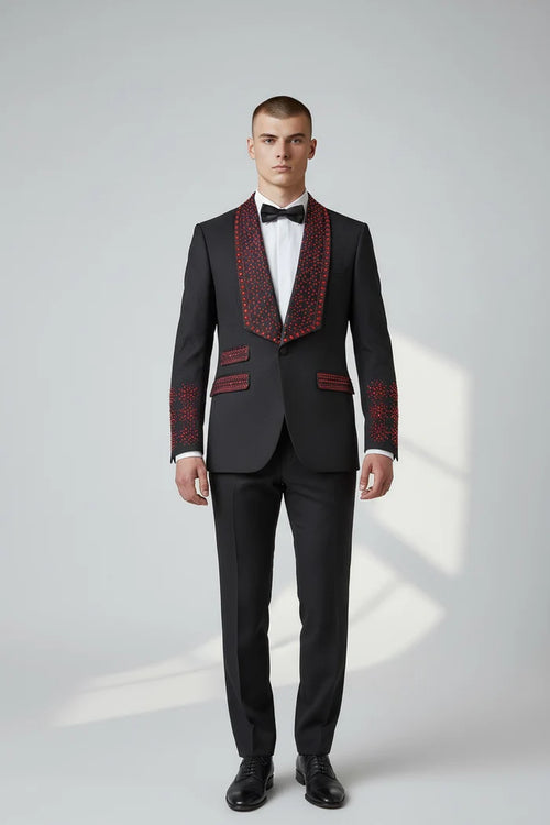 Men’s Bella Embellished Black & Royal Blue Tuxedo – 3 Piece Formal Suit with Shawl Lapel, Vest & Matching Pants