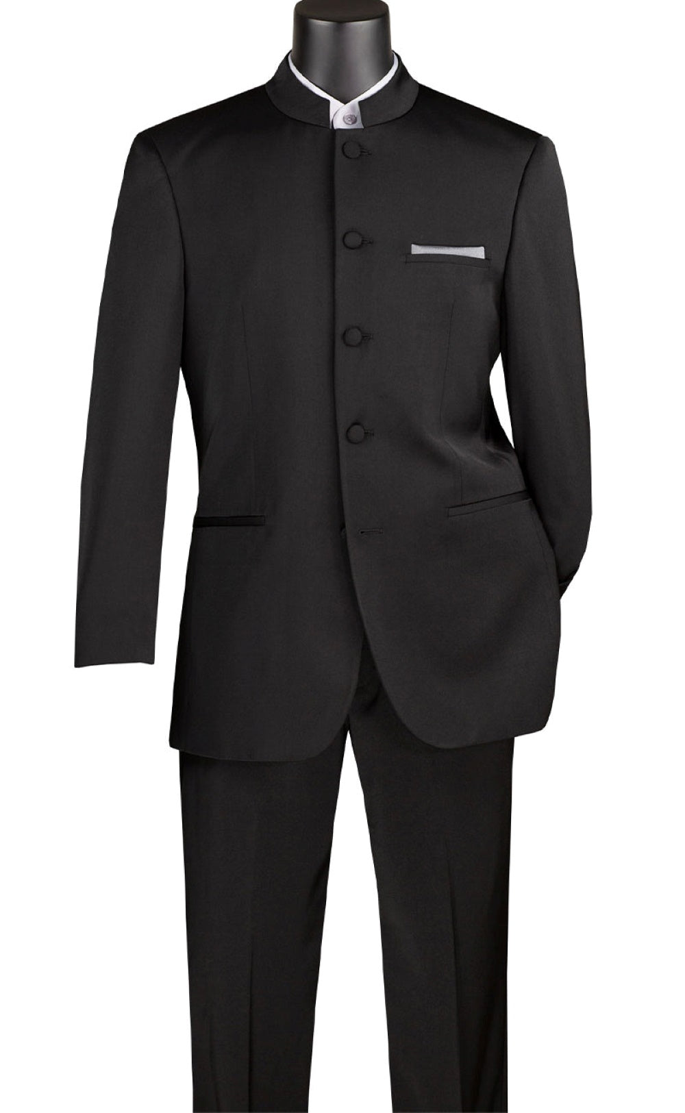 Master Collection - Regular Fit Men's 2 Piece Banded Collar Tuxedo Black - Black