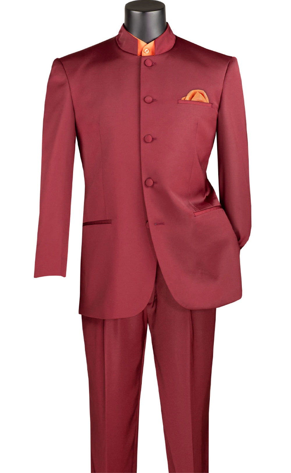 Master Collection - Regular Fit Men's 2 Piece Banded Collar Tuxedo Burgundy - Burgundy