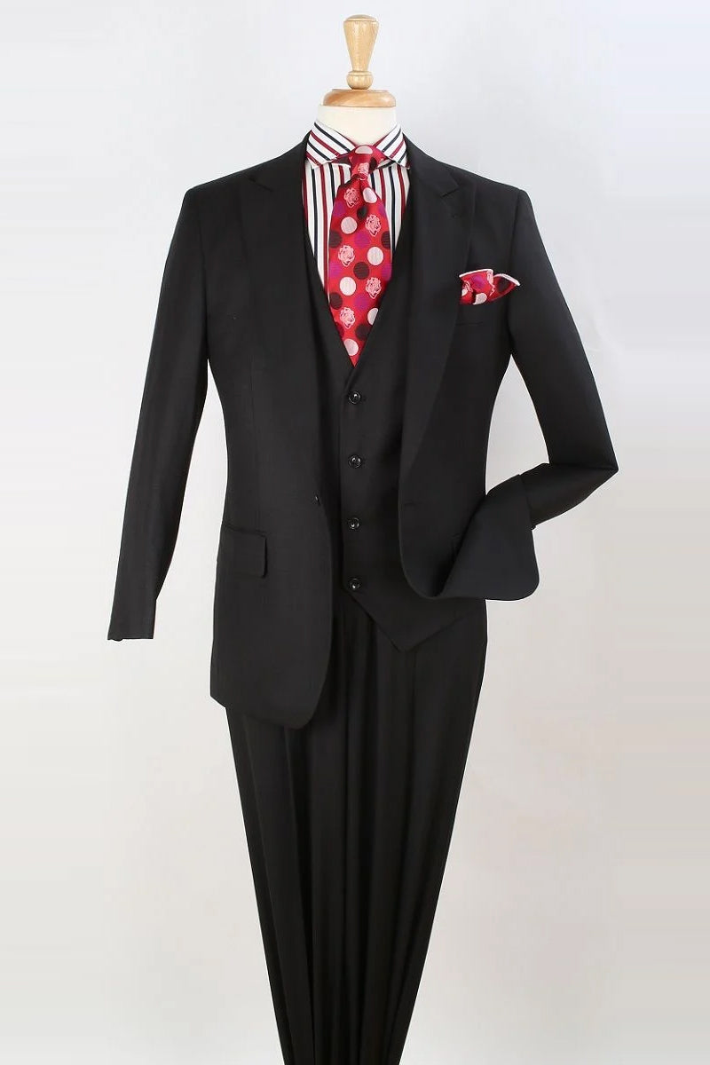 "Classic Men's Black Fashion Suit - Vested One Button Peak Lapel"