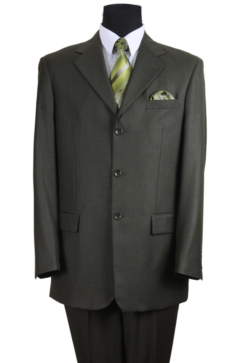 "Classic Fit Men's 3-Button Textured Suit with Pleated Pants - Olive Green" - 58 Regular
