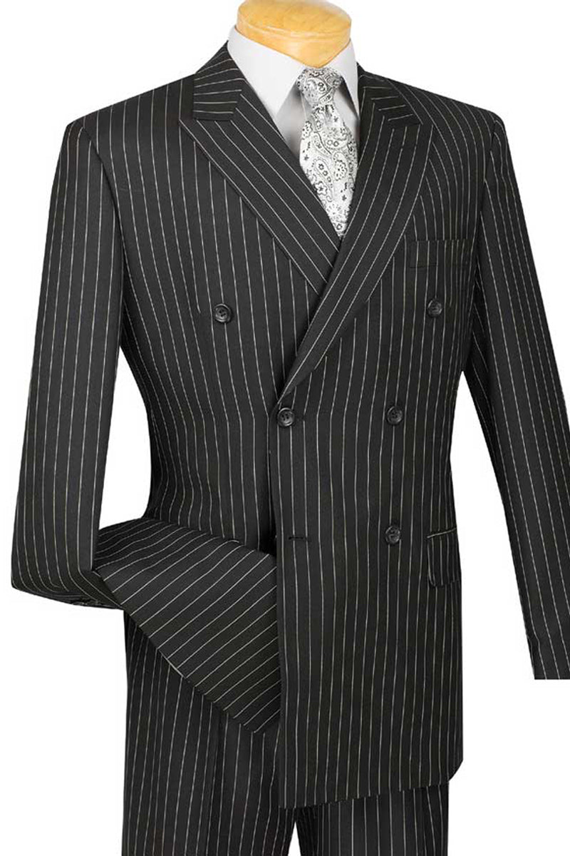 Mens Double Breasted Gangster Bold Pinstripe Suit in Black - 36 Short