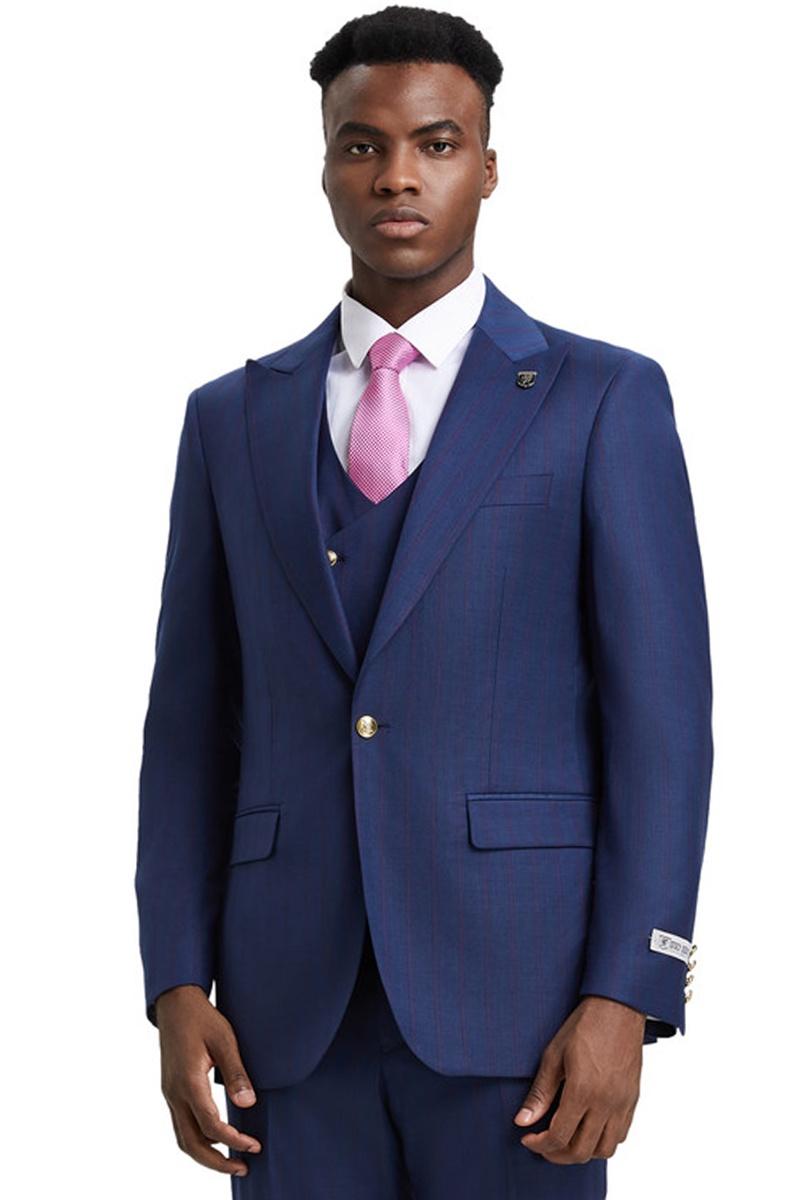 Men's Stacy Adams Vested One Button Side Peak Lapel Pinstripe Suit in Navy Blue - 38 Regular