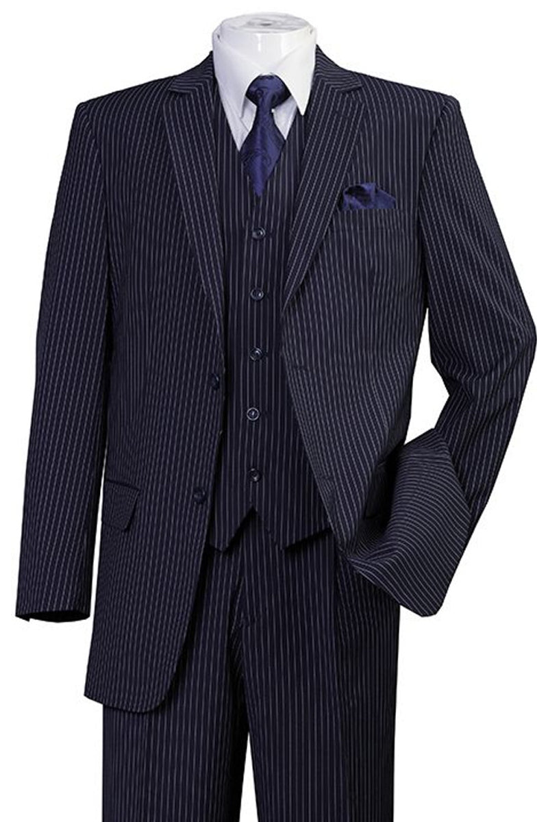 "1920's Bold Gangster Pinstripe Suit - Men's 2 Button Vested in Navy"