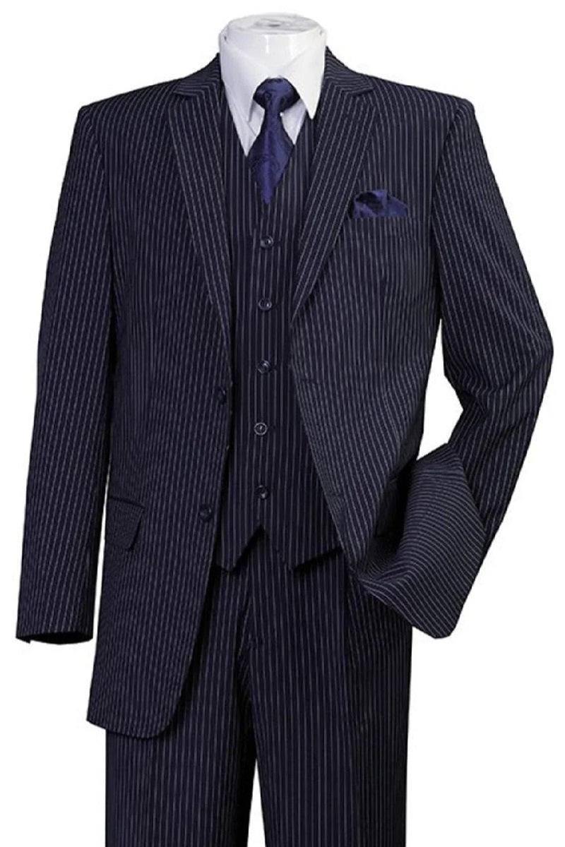 "1920's Bold Gangster Pinstripe Suit - Men's 2 Button Vested in Navy" - 38 Long