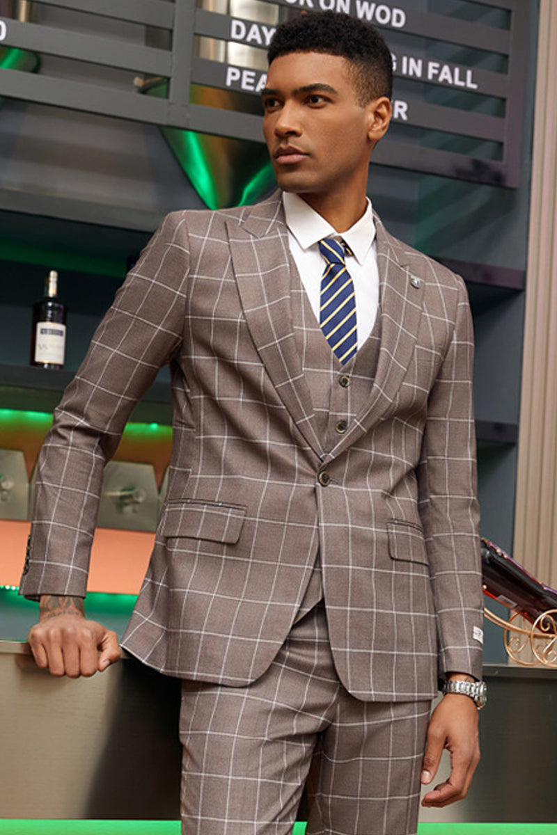 Modern Fit - "Mens Stacy Adams Suit -Stacy Adams Men's Modern Fit Suit - One Button Vested in Light Brown Windowpane Plaid" - 34 Short