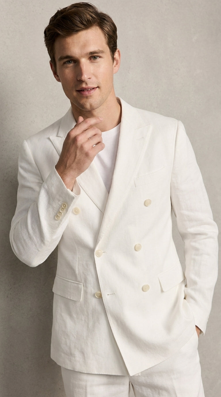 Men’s White Summer Suit with Shorts, 2 Piece Linen Style Wedding Beach Short Suit Set double breasted style - 34 Short or Extra Small