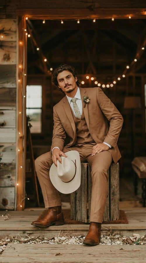 Mens Camel Brown Copper Western 3 Piece Suit – Classic Country Style Blazer Vest Pants Set, Formal Cowboy Suit Outfit