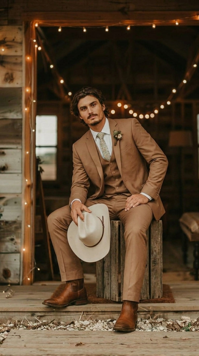 Mens Camel Brown Copper Western 3 Piece Suit – Classic Country Style Blazer Vest Pants Set, Formal Cowboy Suit Outfit - 34 Short or Extra Small