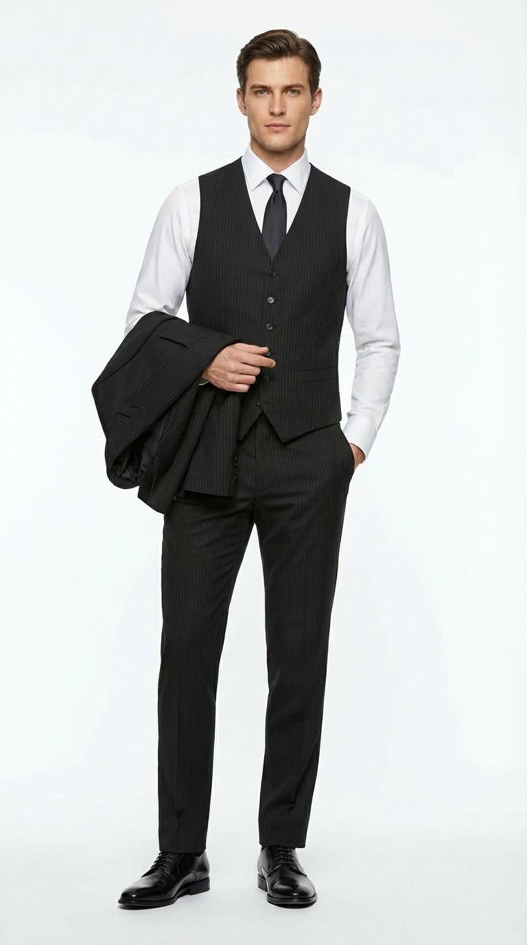 Vitali Mens Black Tone on Tone Shadow Stripe Vested Suit Set – 3 Piece Modern Fit Pinstripe Two Buttons - 34 Short or Extra Small