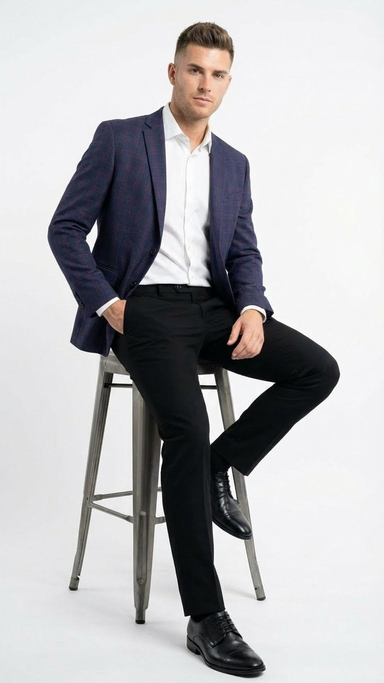 Men’s Big and Tall Navy Blue with Burgundy Plaid Jacket and Sport Coat – Wool Blazer - 36 Short