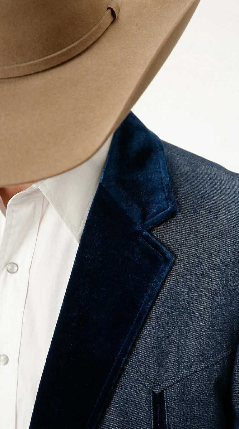 Men’s Sapphire Indigo Western Cowboy Blazer – Classic Western Style Jacket, Country Casual Dress Blazer in Navy Blue with sheen - 36 Short