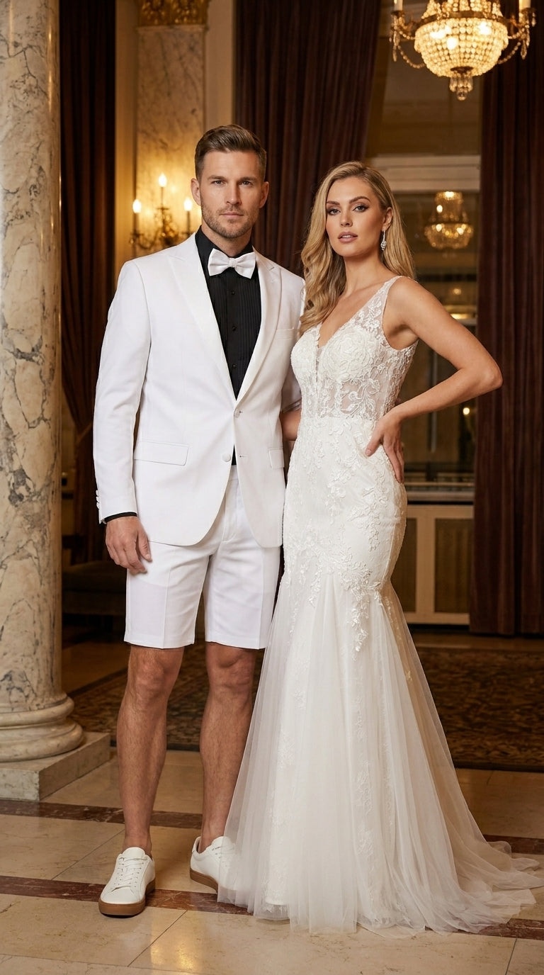 Men’s White Tuxedo Suit with Shorts – Modern Formal Blazer and Short Pants Set for Wedding, Prom Summer Fabric - 34 Short or Extra Small