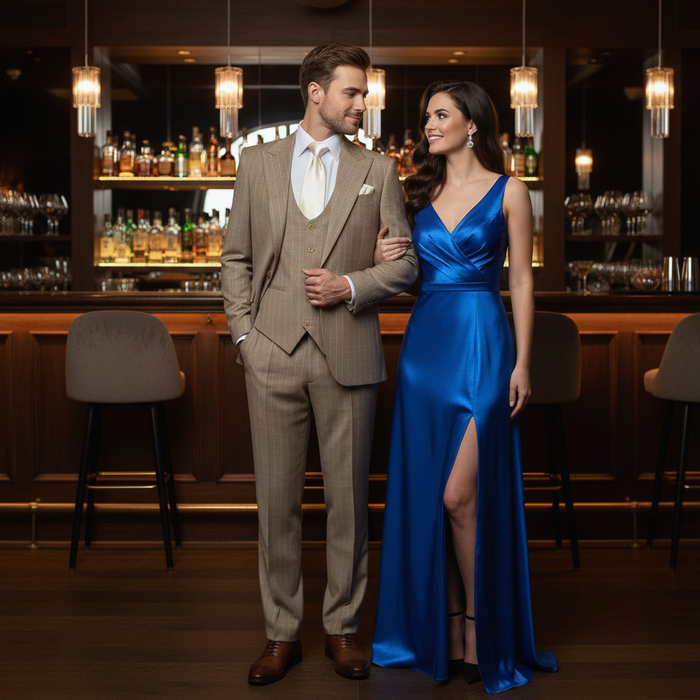 Mens Beige Pinstripe Three-Piece Suit Classic Fit Formal Suit with Vest and Flat-Front Pants in Tan Stripe By Rossiman