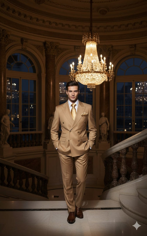 Mens Camel - Bronze - Goldish khaki Double-Breasted Suit Luxury 2-Piece Formal Set with Gold Buttons and Peak Lapels by Rossi Man
