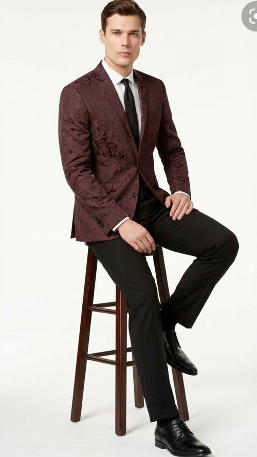 Mens Burgundy Paisley Blazer Sport Coat Velvet Dinner Jacket floral in Maroon Wine Color Ultra Slim Fit Smoking Jacket