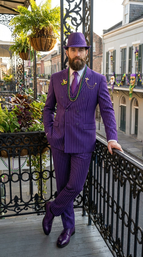 Mens Purple Pinstripe Mardi Gras Suit | Classic Double Breasted Formal Carnival Suit