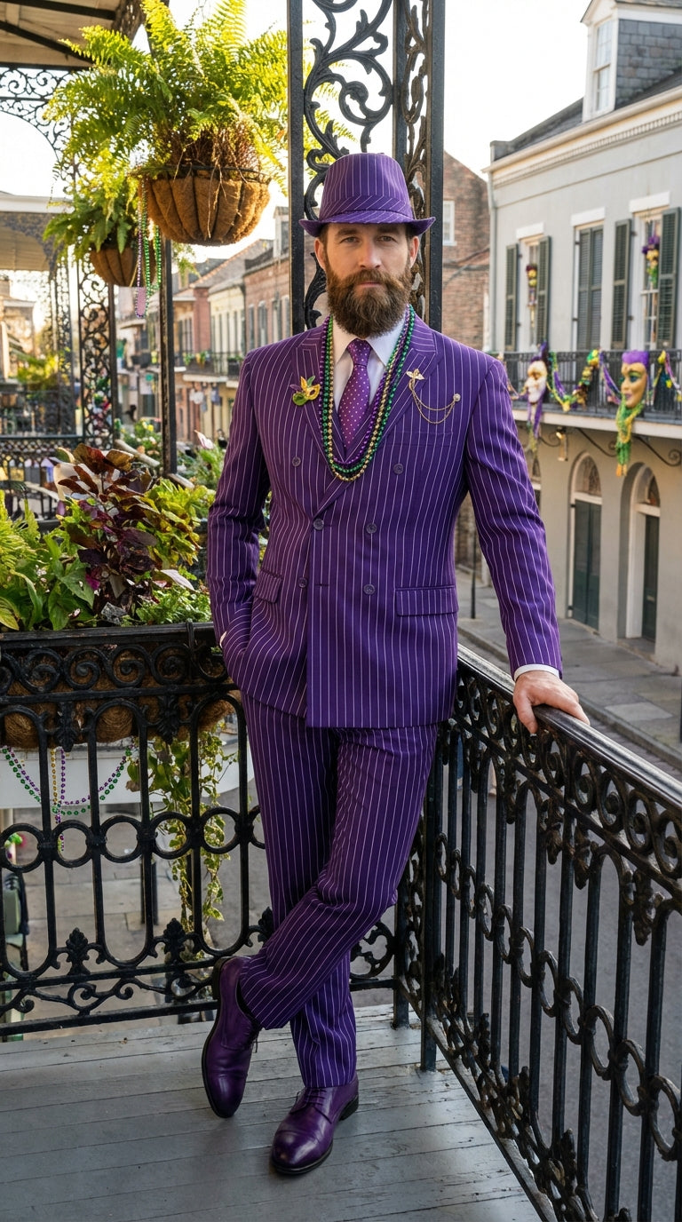 Mens Purple Pinstripe Mardi Gras Suit | Classic Double Breasted Formal Carnival Suit