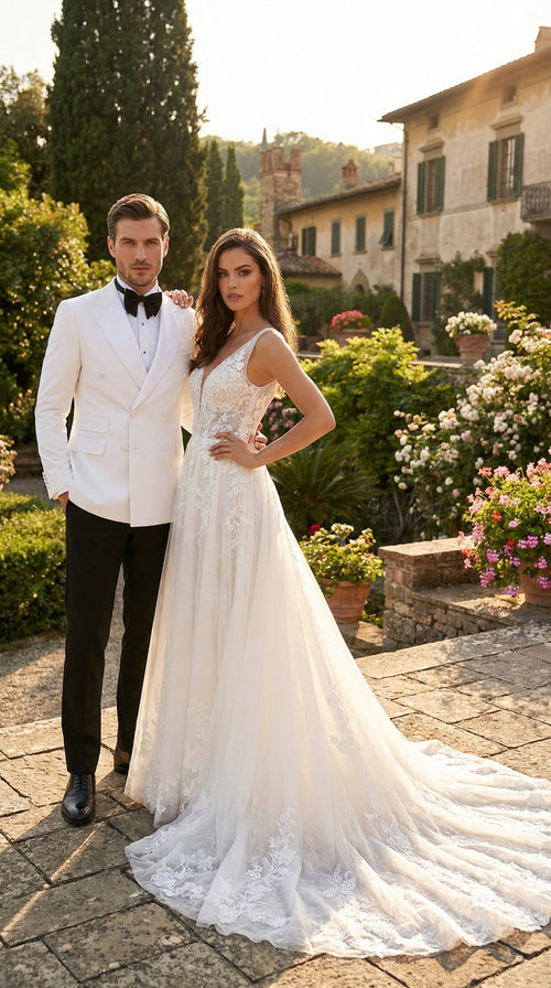 Mens White Double Breasted Dinner Jacket Blazer with Black Pants Formal Tuxedo Style Outfit for Weddings