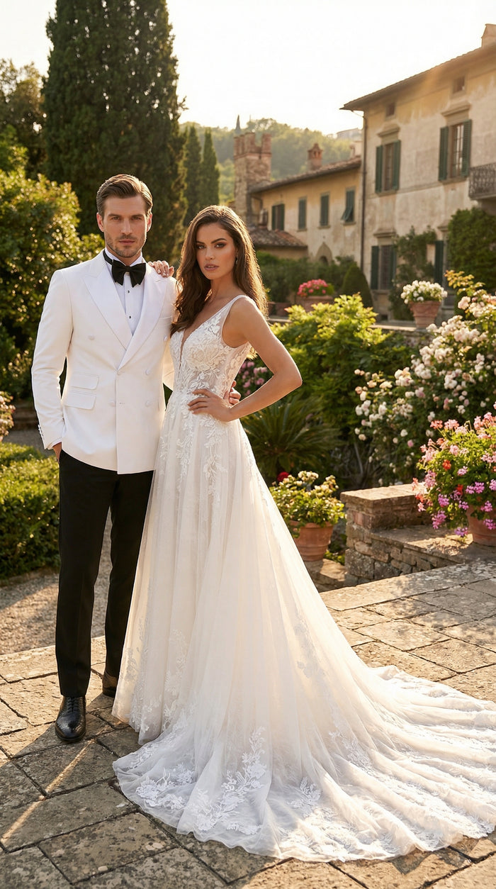 Mens White Double Breasted Dinner Jacket Blazer with Black Pants Formal Tuxedo Style Outfit for Weddings