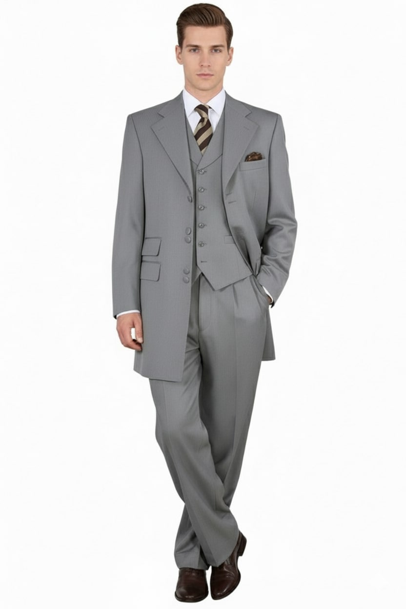 Mens Zoot Suit - Light Gray 3-Piece Suit with Vest – Classic Business and Wedding Formal Wear - 1920s Fashion - 34 Short or Extra Small